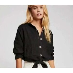 Free People Black Cotton Gauze Tie Front Cropped Button Down Shirt OB886327 XS